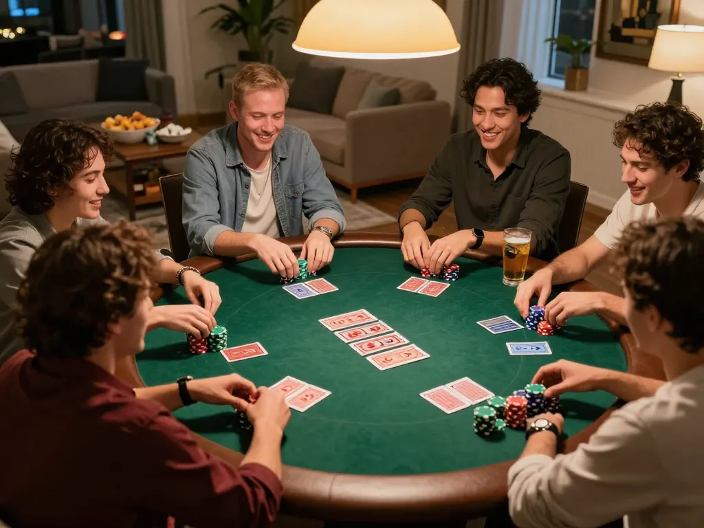 Friends enjoying an engaging poker night while playing at home, highlighting the sirensibiza atmosphere of entertainment.