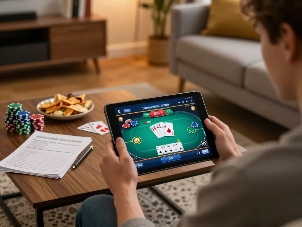 Engaging in online gambling with vipwin, a player uses a tablet in a cozy home setting during a lively poker game.