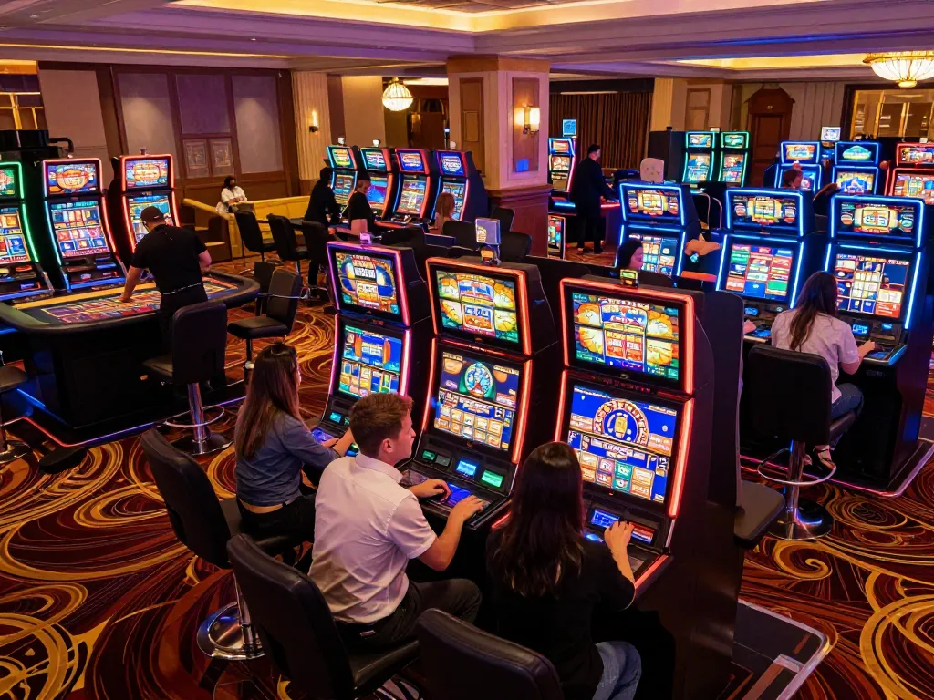 Engaging scene of players enjoying slot machines at FC88 Casino with vibrant lights.