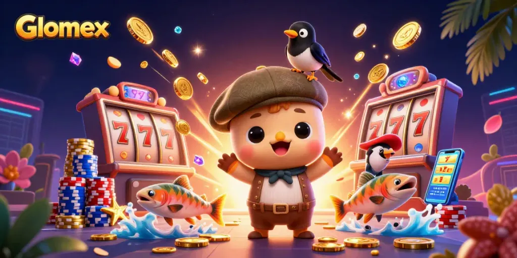 Play slots and win with Glomex-themed scene featuring Nessie and casino elements.