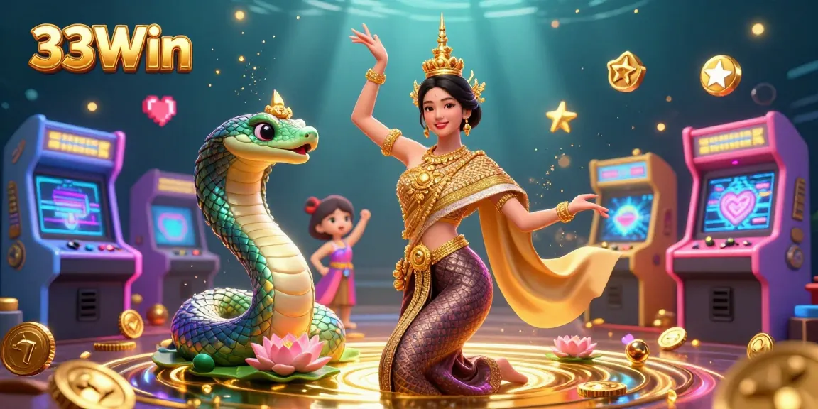 Join the fun with 33Win as a graceful Thai dancer and a vibrant Naga serpent enchant the casino gaming scene.