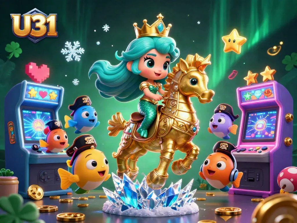 Join the adventure with U31 as a mermaid princess rides a golden armored seahorse amidst vibrant casino themes.