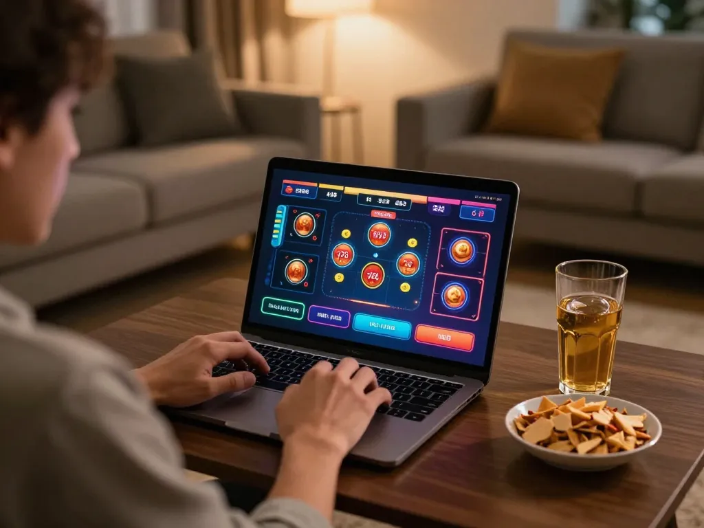 XX88 player engaging in strategic online casino gameplay on a laptop in a cozy living room.