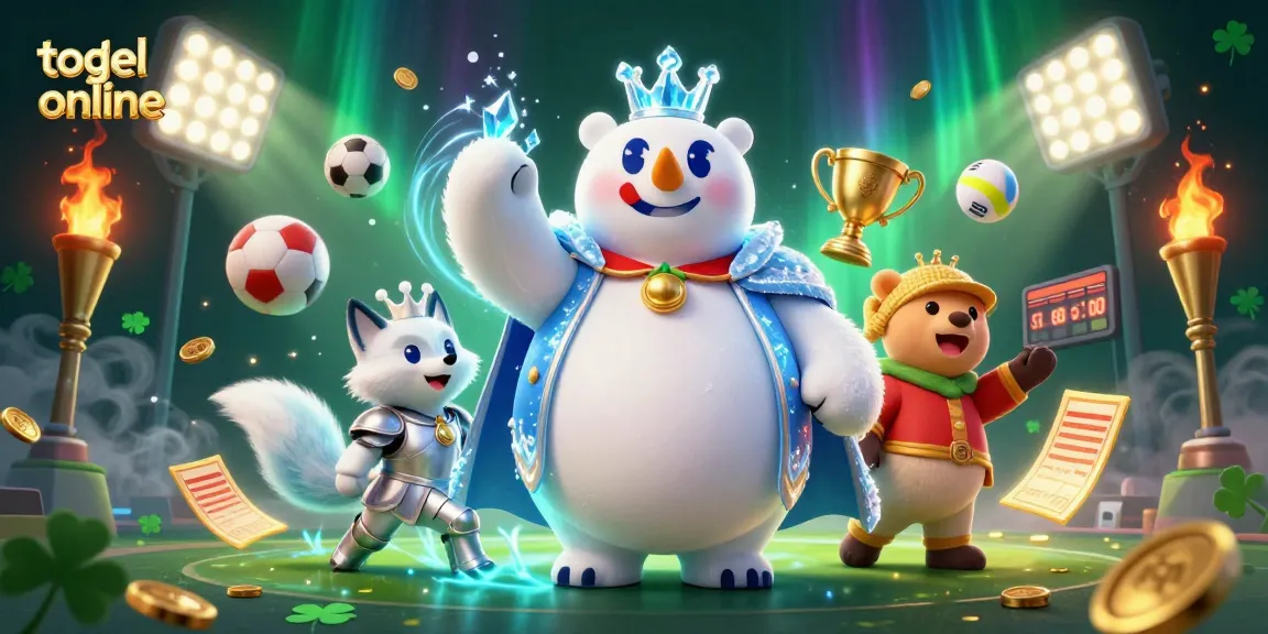 Engage with togel online in this vibrant 3D scene featuring a polar bear king and sports elements.