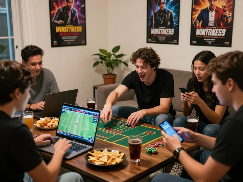Friends enjoying a lively game night featuring winstrike69 online betting experiences with snacks and drinks.