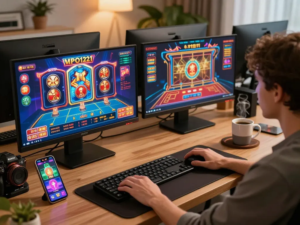 Set up permainan MPO1221 yang menampilkan slot online dan permainan poker yang cerah di kantor rumah yang nyaman.