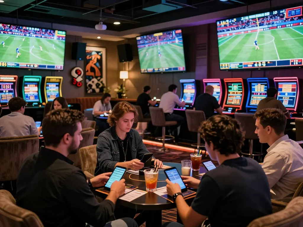 The excitement of tỷ lệ kèo nhà cái in a modern sports betting lounge, with patrons analyzing odds on screens.