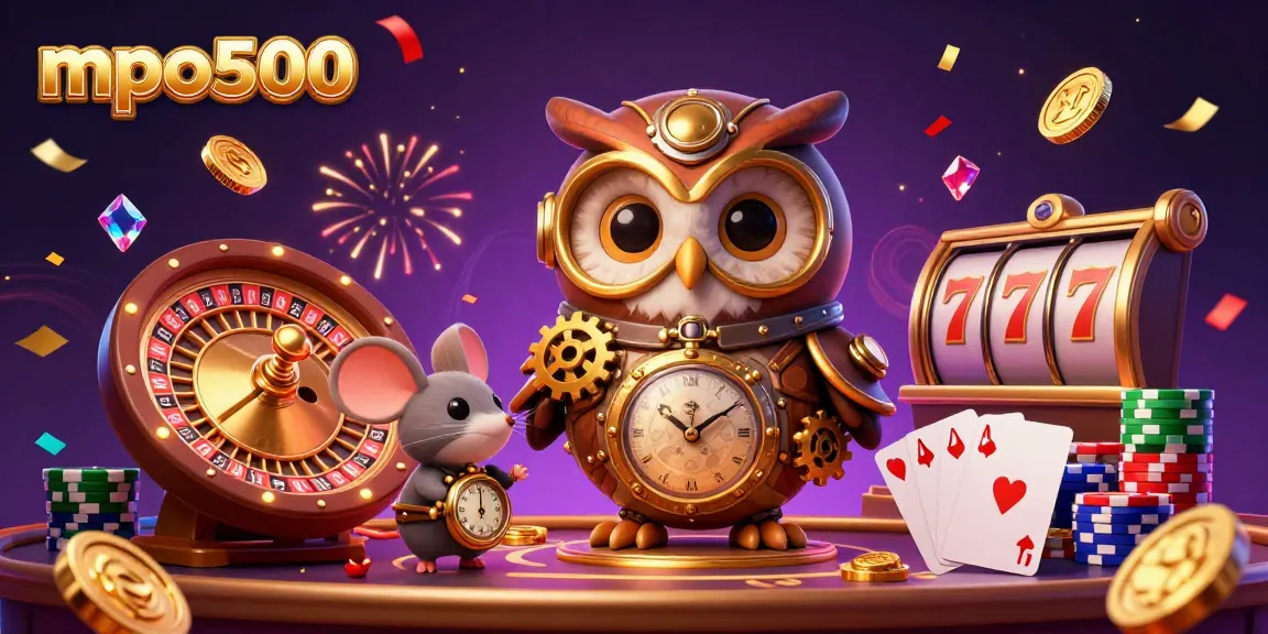 Spin the reels and win big with mpo500 in this vibrant 3D online casino scene.