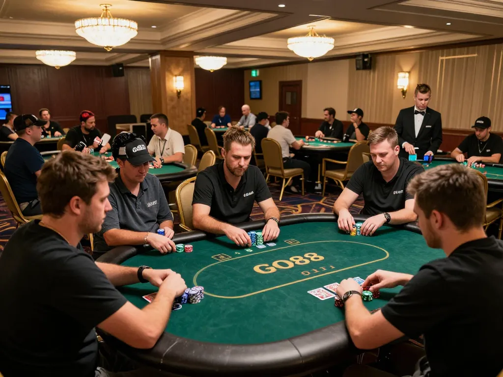 Players engage in strategy and excitement at GO88 casino poker tournament tables.