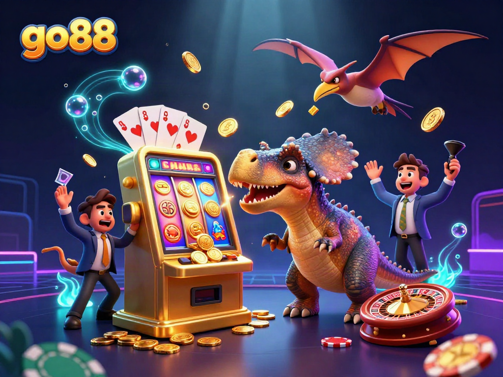 Catch golden coins with go88 at this vibrant casino illustration featuring thrilling slot action.