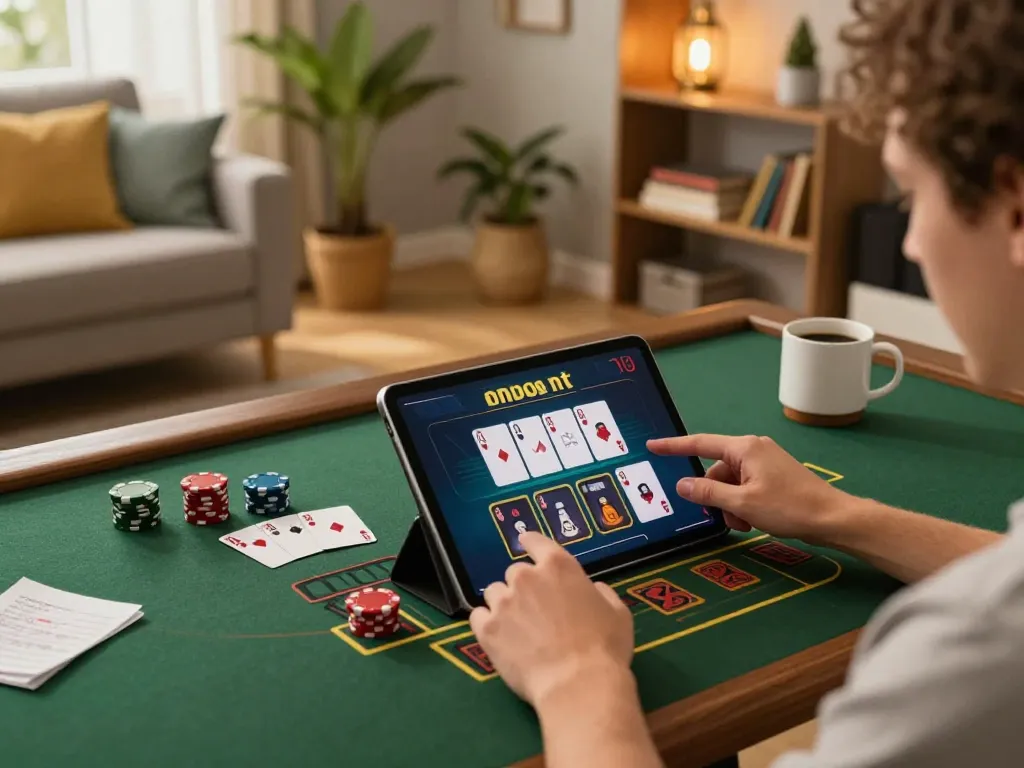 LIGALGO player engaging in online blackjack, showcasing a strategic home gaming atmosphere.