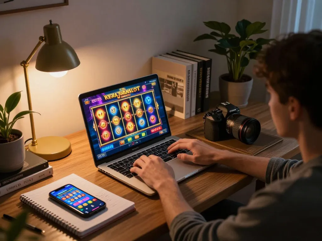 Engaged player using laptop for kerajaanslot online gaming strategy in a cozy home setup.