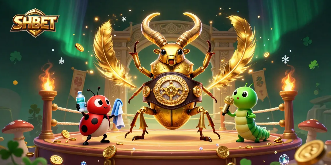 Experience exciting SHBET betting with a giant golden stag beetle in a dynamic casino scene.