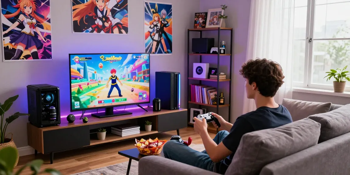 Immersive ecchi game experience in a cozy living room with vibrant gaming atmosphere.