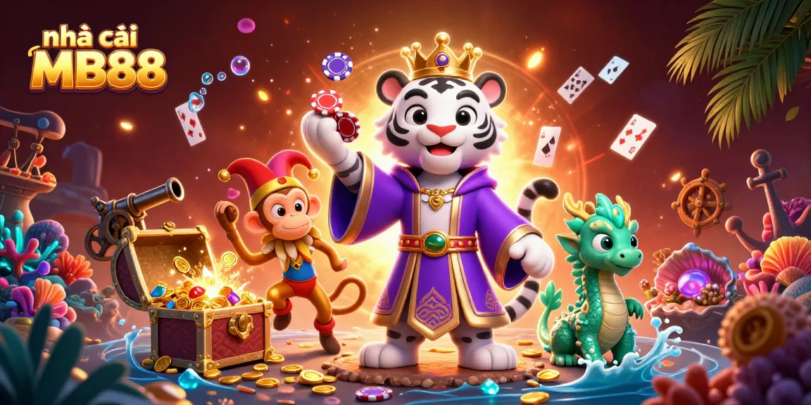 Experience the vibrant world of nhà cái MB88 with a lively scene of a white tiger, golden monkey, and jade dragon.