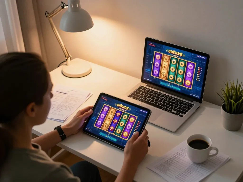 Engaging online gaming moment with situs slot spins on a tablet in a cozy home office setup