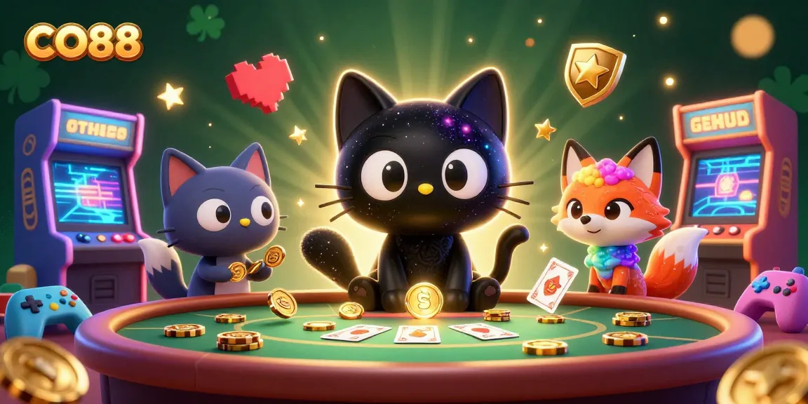 Engage with CO88: Colorful cosmic casino scene showcasing black hole cat and nebula fox.