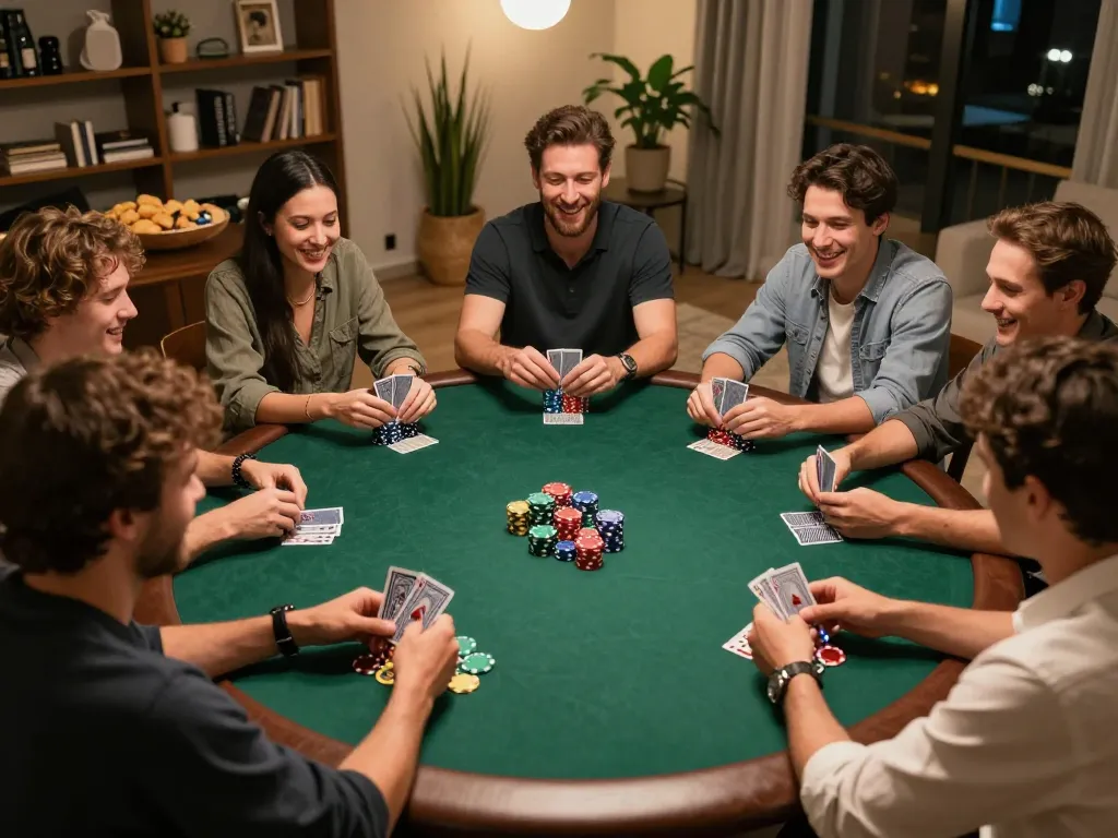 Engaging poker night scene where players strategize and enjoy the game, highlighting Daftar IDNSCORE's appeal.