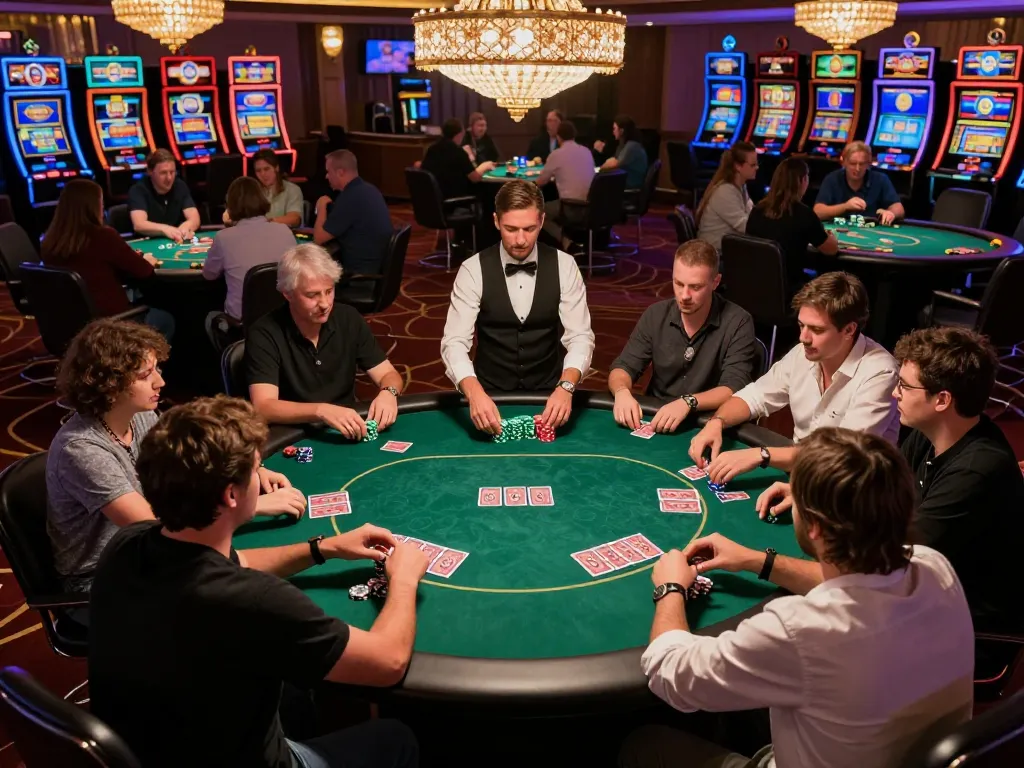 Action-packed poker game at kubet79 casino, with players deeply engaged and stacks of chips on the table.