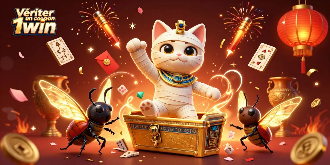 Vérifier un coupon 1win avec une illustration dynamique d'un chat momie et un scarabée dans un casino prisé.
