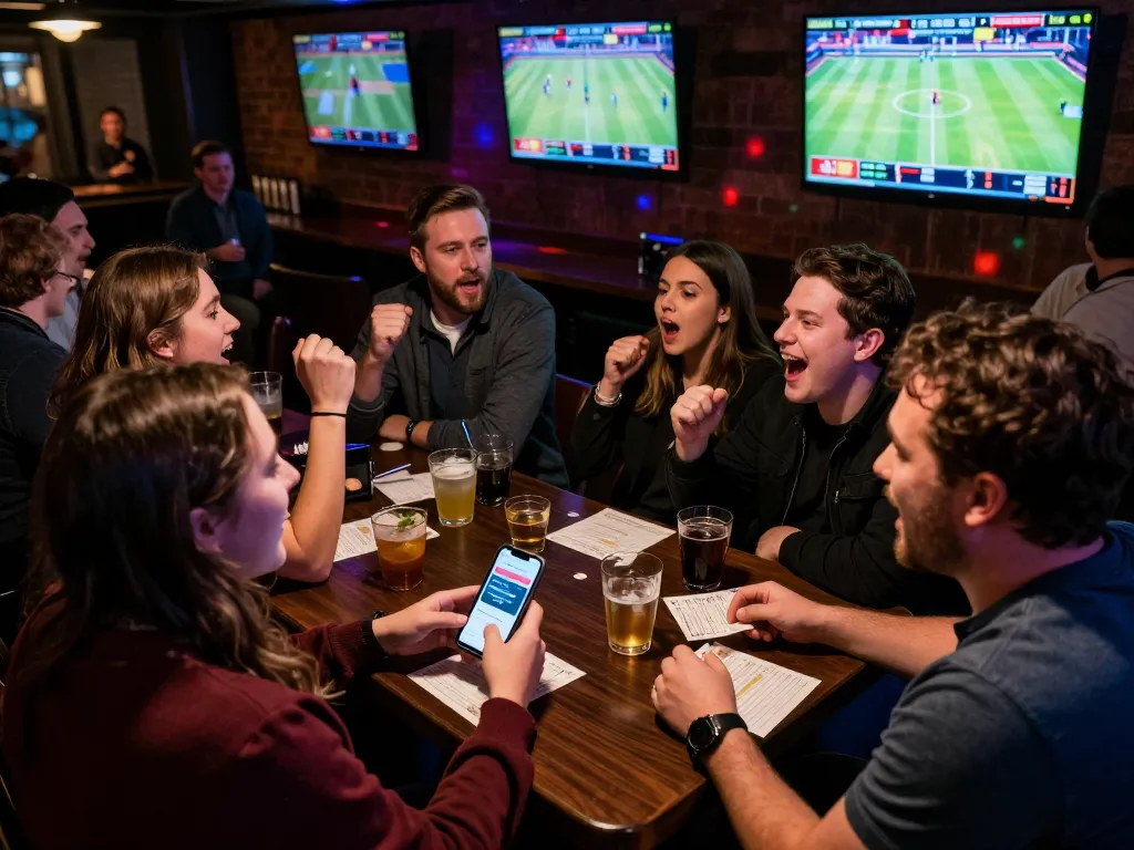 Kuwin players engaging with a sports betting app at a lively bar, showcasing exciting game moments.