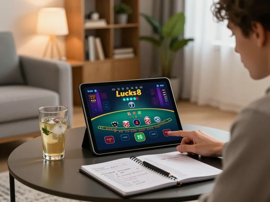Lucks8 user engaging in responsible blackjack gaming session on a tablet in a stylish home setting.