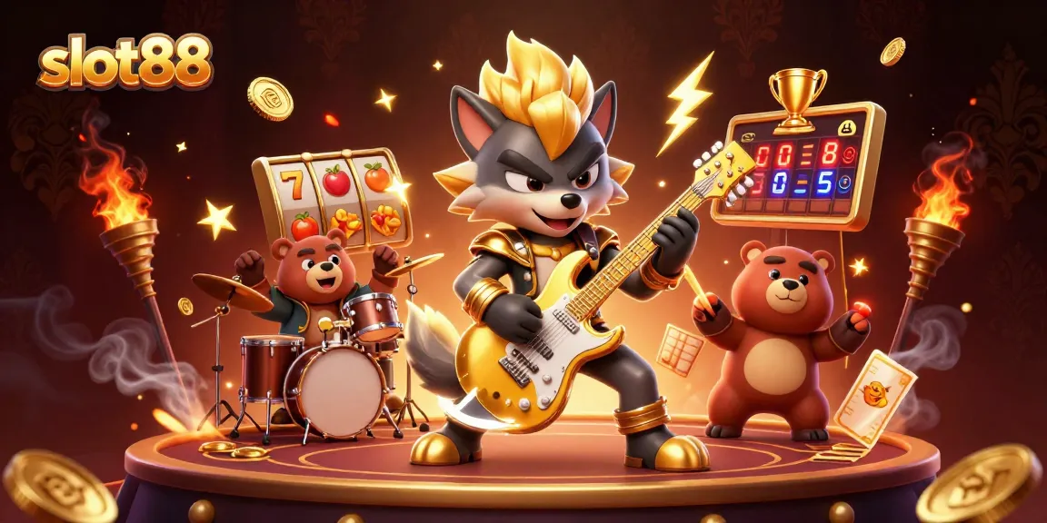 Experience slot88 excitement with a rock star wolf and drummer bear in a vibrant casino scene.