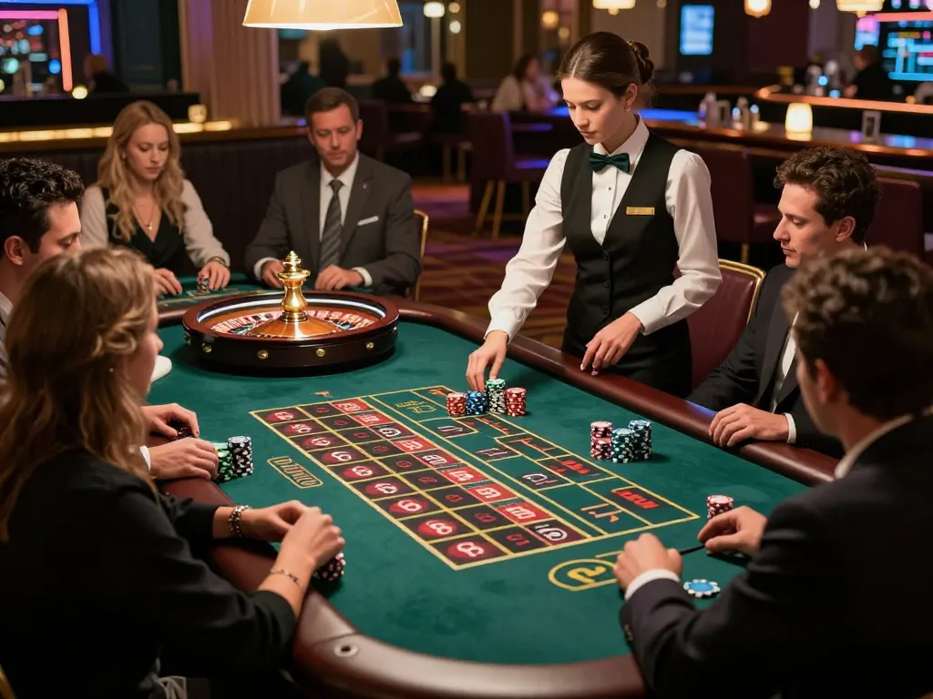 ku88 players engaging at a vibrant roulette table in an upscale casino.