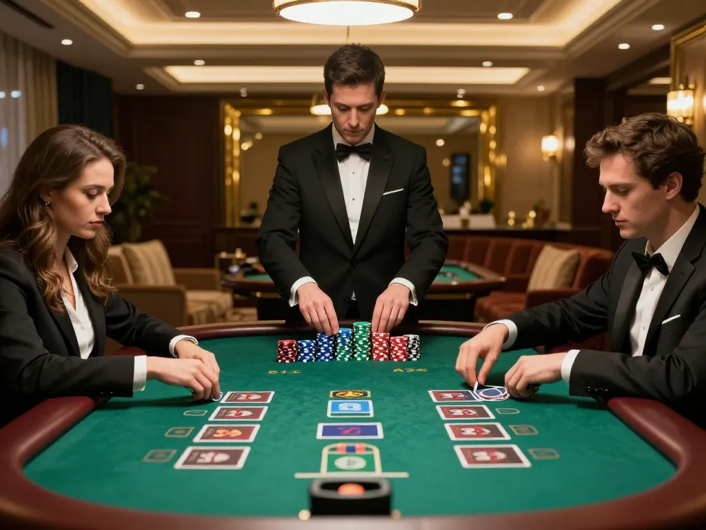 W188 blackjack game in luxurious casino setting with players making strategic bets.