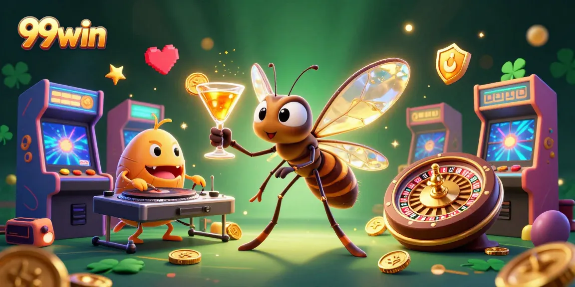 Experience 99win excitement with a lively casino scene featuring unique characters and games.