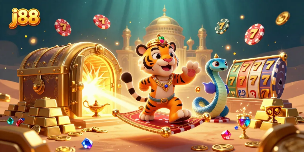 Join the excitement at j88 with vibrant casino elements and a magical Arabian theme.