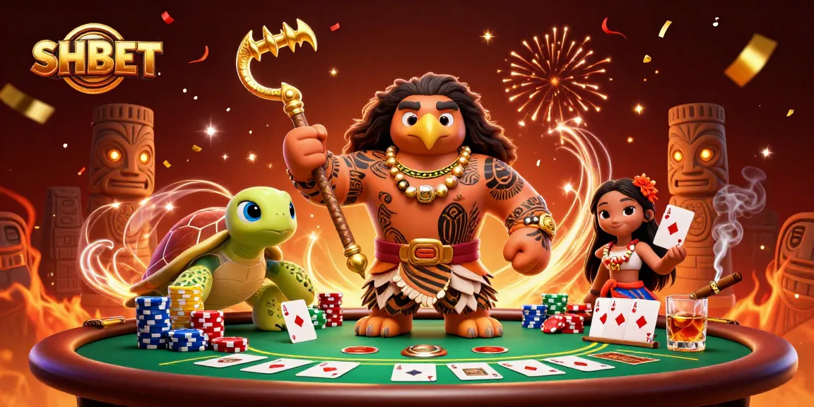 Experience the thrill of SHBET with the demigod and turtle in a dynamic poker scene.