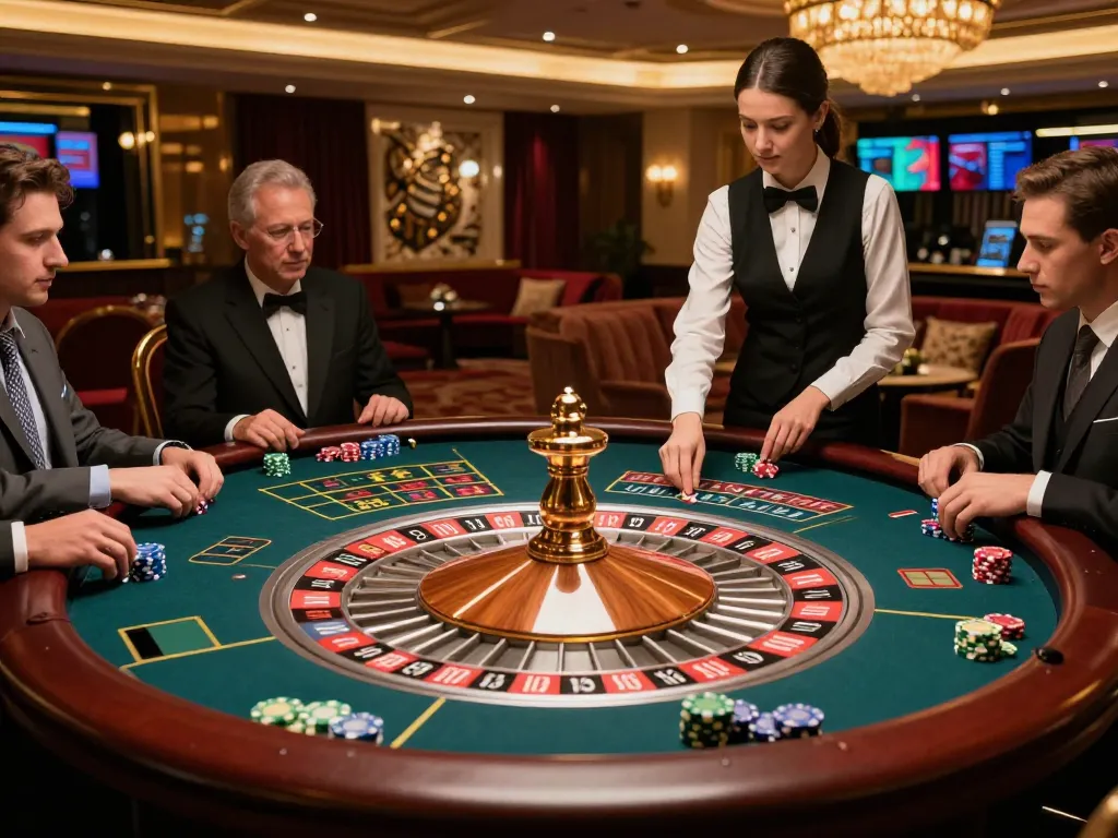 go99 players enjoying roulette action in a luxurious casino setting with attentive croupier.