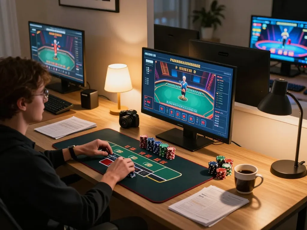 F168 player enjoying live dealer blackjack at home with strategic notes and chips