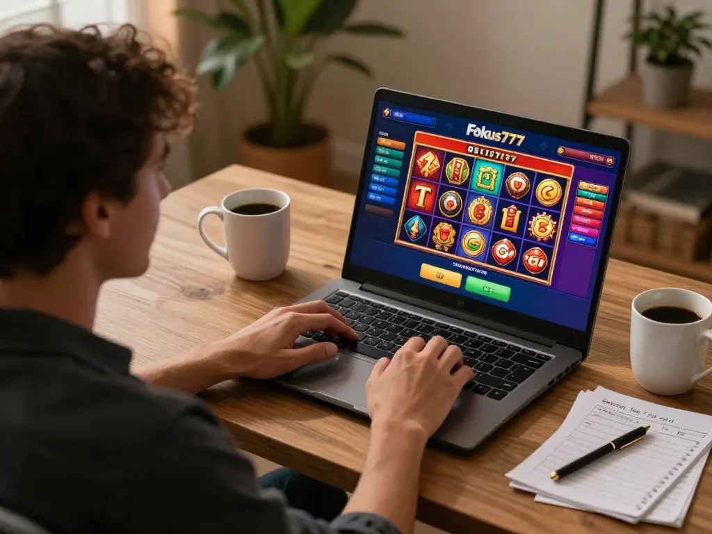 Engaging home gaming scene showcasing Fokus777 online casino gameplay with vibrant visuals and strategy notes.