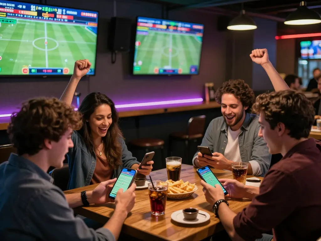 Enthusiastic friends engaging in live sports betting at Nhà cái UK88, creating a lively social atmosphere.