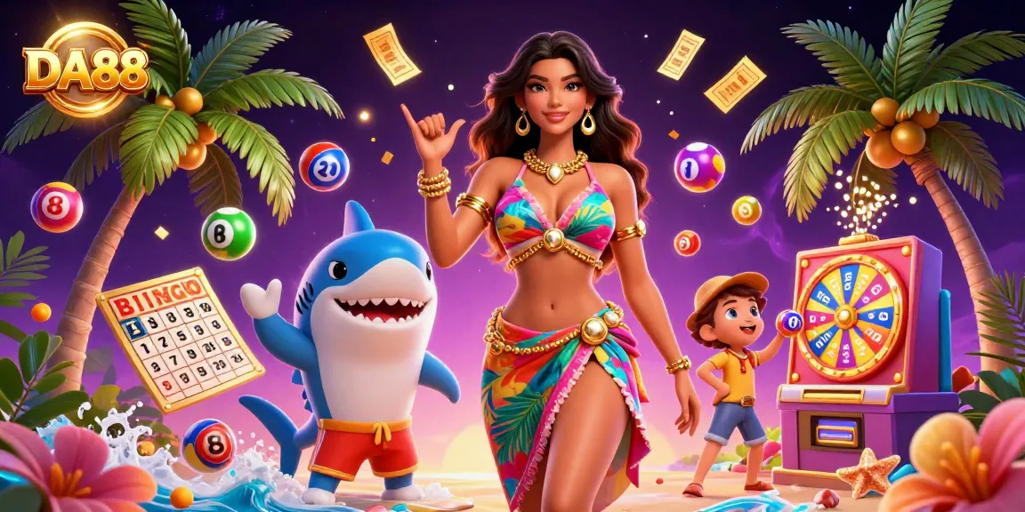 Experience the excitement of DA88 with vibrant lotto elements, a beach goddess, and a surfer shark.