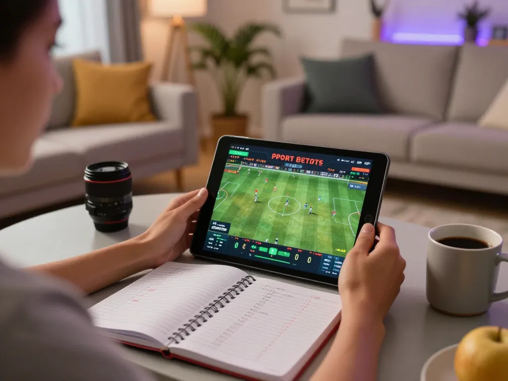 Bongdalu sports betting scene showing a user engaged in live game analysis on a tablet, surrounded by casual home comforts.
