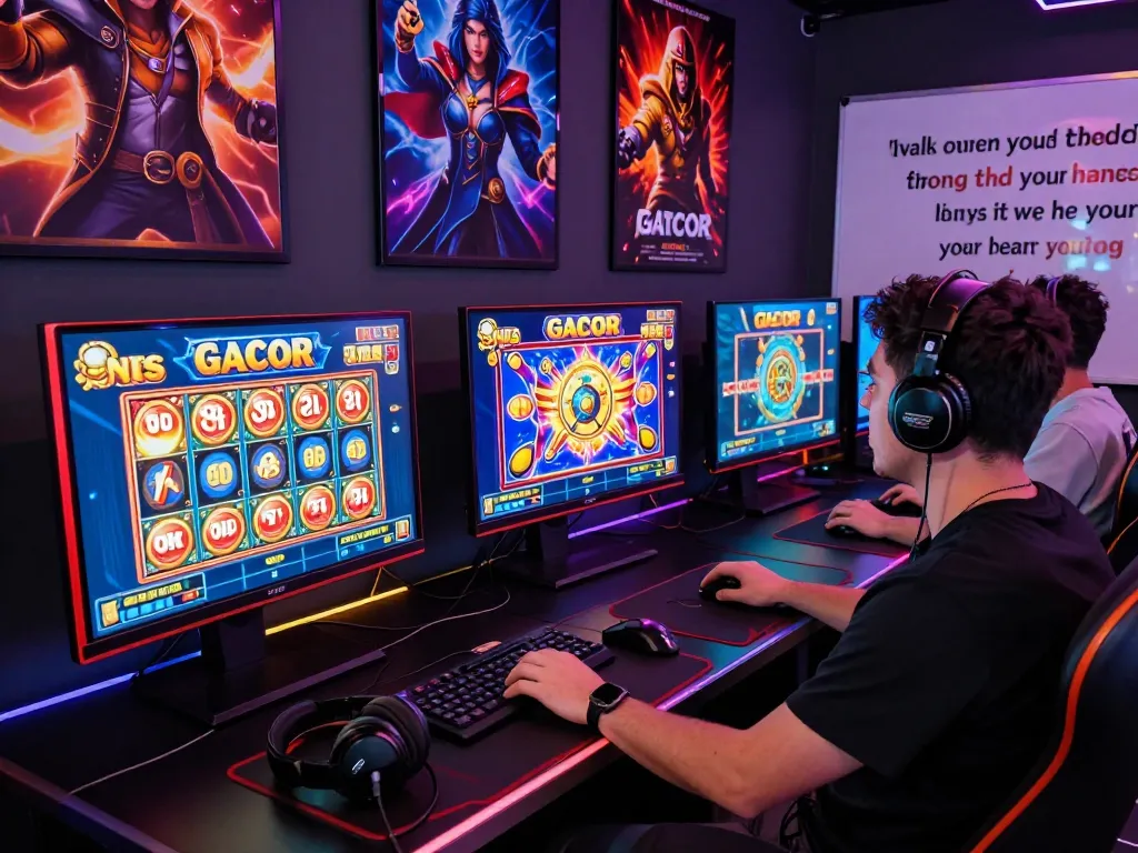 Exciting SLOT GACOR gaming environment featuring player at multiple screens.