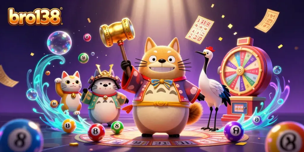 Experience the thrill of bro138 with cheerful characters and vibrant lottery elements in a captivating casino illustration.