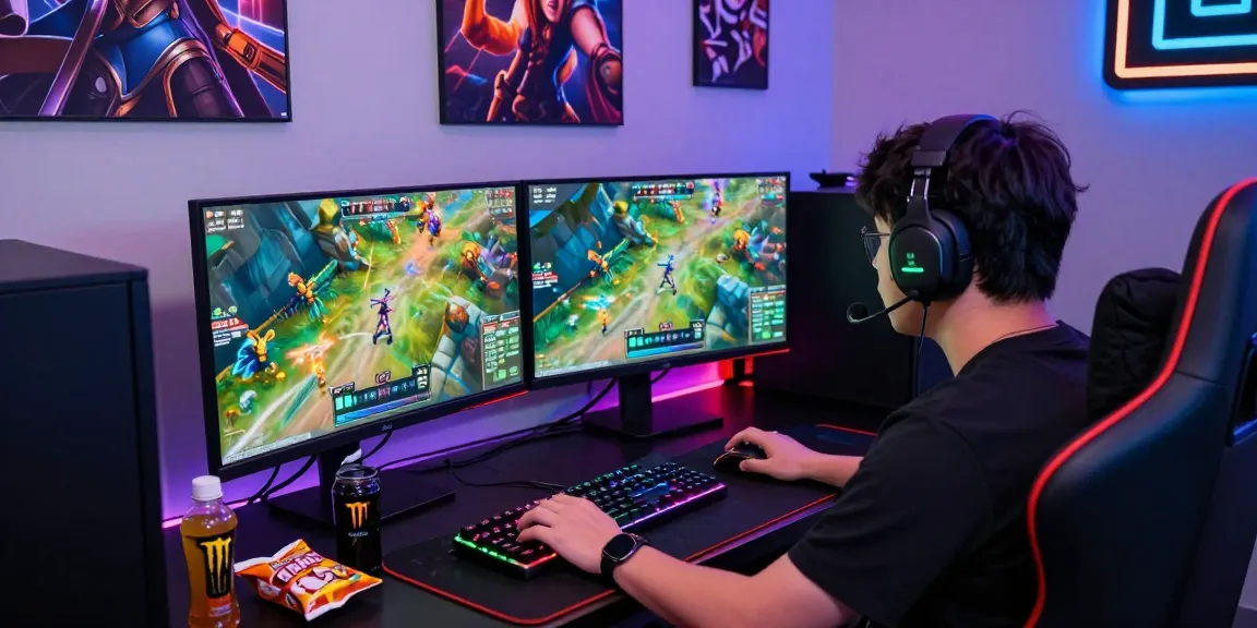 Exciting scene of a gamer at a dual monitor setup immersed in AA88 COM gaming.