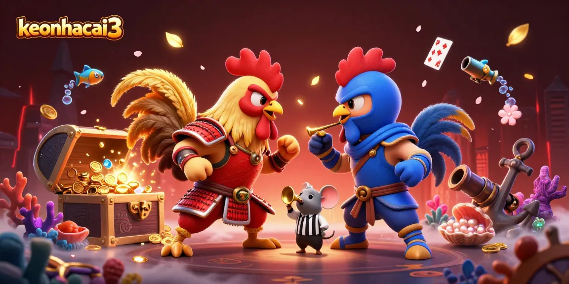 Engage with keonhacai3 in a thrilling rooster combat scene rich in colorful gems and casino elements.