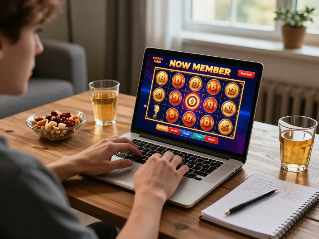 Player using laptop to explore bonus new member promotions in a cozy home environment.