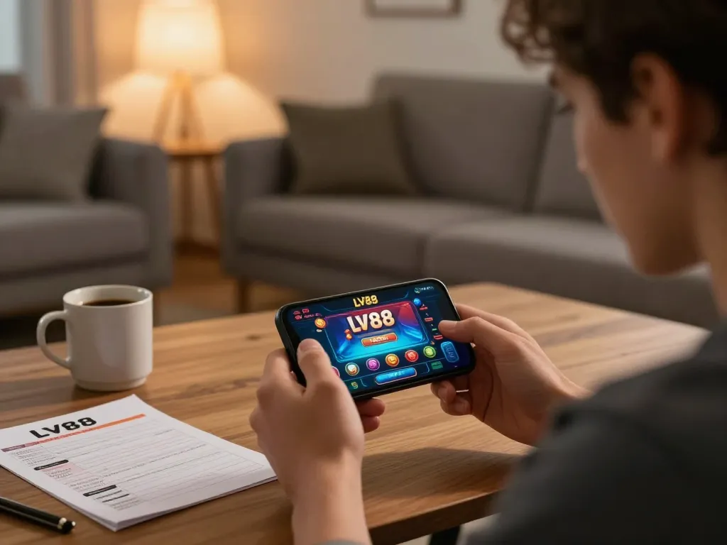 Engaged player using the LV88 casino app on a smartphone while relaxing in a modern living room.