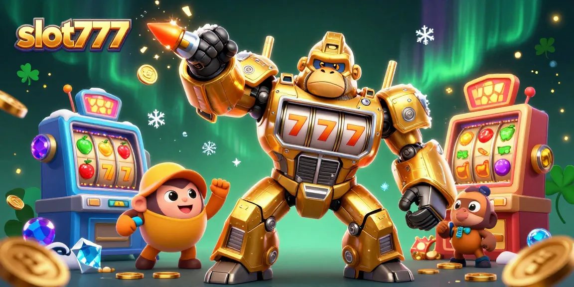 Experience excitement with slot777 illustrated in a dynamic scene featuring a golden mech and a tiny pilot amidst colorful slot game elements.