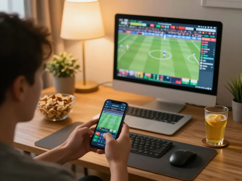 Player engaging in sports betting on ta88 app from the comfort of home, showcasing smart device and sports streaming.