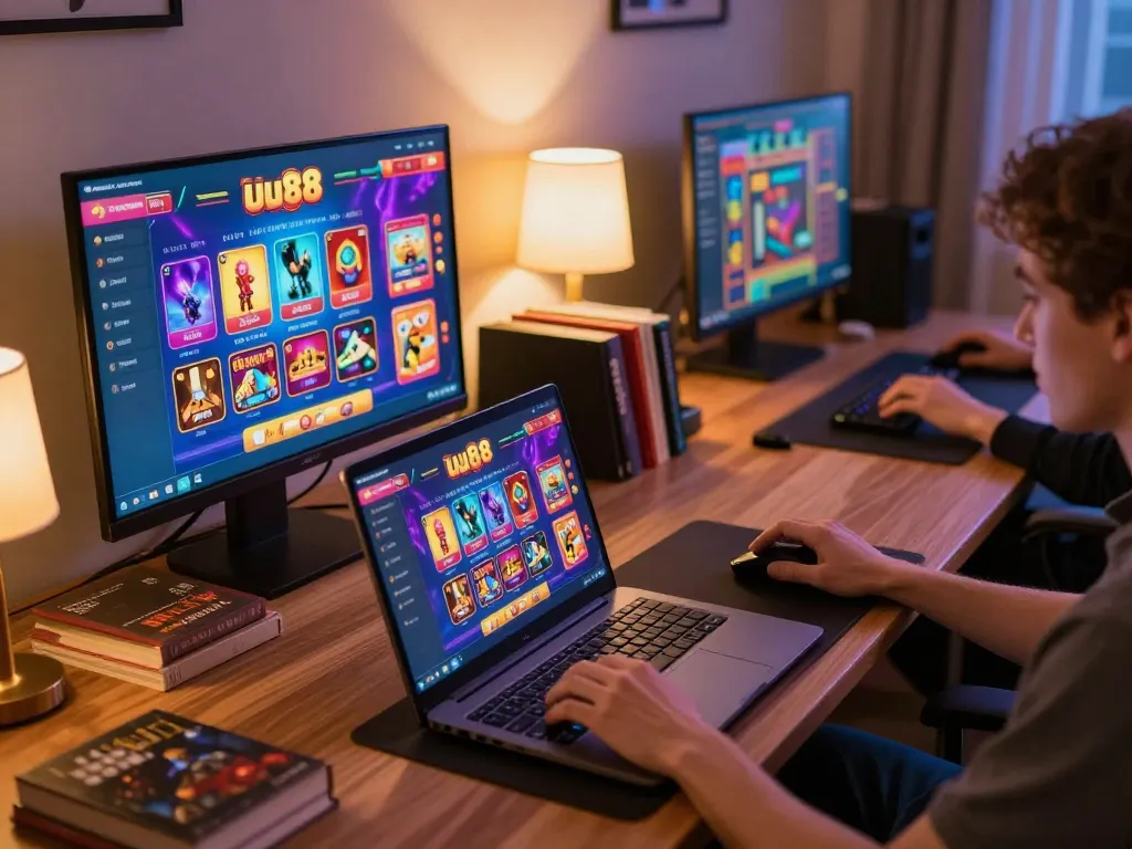 Engaging online gameplay at uu88 casino on a laptop in a stylish home office.