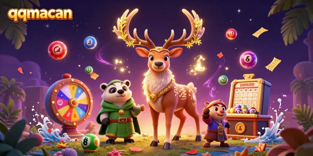 Engage with the vibrant vibe of qqmacan illustrated in a 3D casino scene with mystical characters and gaming elements.