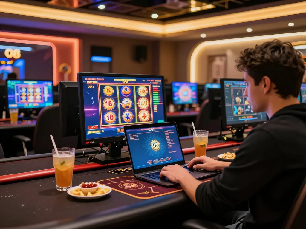 Player engaging with O8 online casino interface, immersed in strategic gameplay and vibrant gaming atmosphere