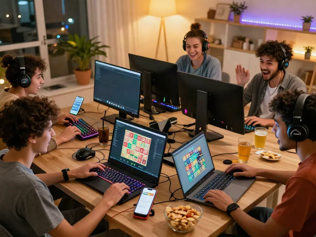 Friends engaging in an online lottery game on their laptops, showcasing unsurtoto excitement and cozy interaction.
